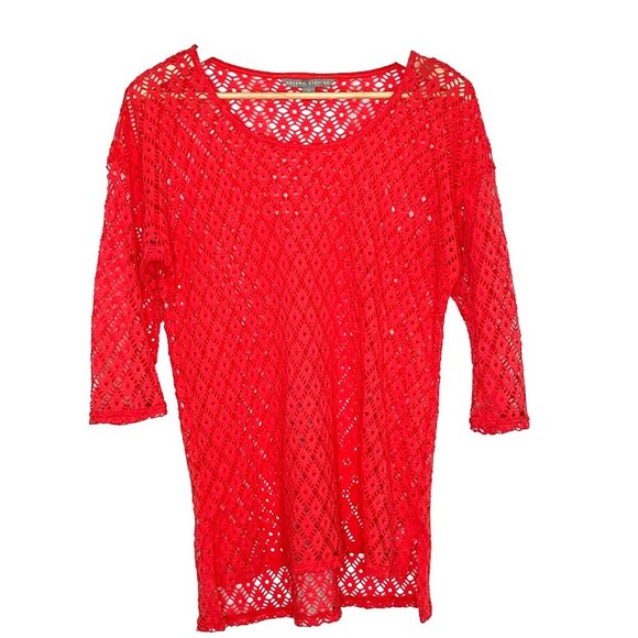 Valerie Stevens Open Crochet Top sz S Scoop Neck 3/4 Sleeve Boho Hippie Festival - Picture 1 of 6